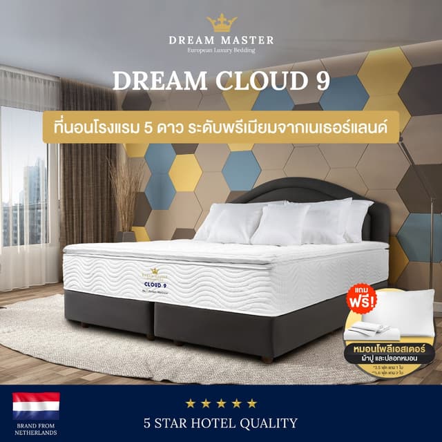 Dream Master รุ่น Cloud 9 ที่นอนพ็อกเก็ตสปริงเสริม HD โฟมและยางพาราธรรมชาติแท้พร้อม Pillow Top