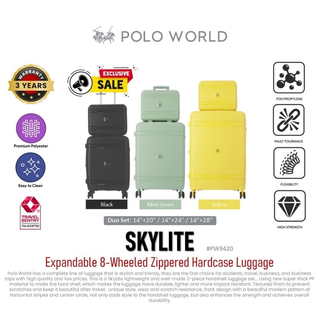 POLO WORLD รุ่น PW9420 SkyLite กระเป๋าเดินทาง Hardcase 8 ล้อ ขยายได้ วัสดุ PP แข็งแรงทนทาน น้ำหนักเบา ดีไซน์ทันสมัย https://lnwchill.com