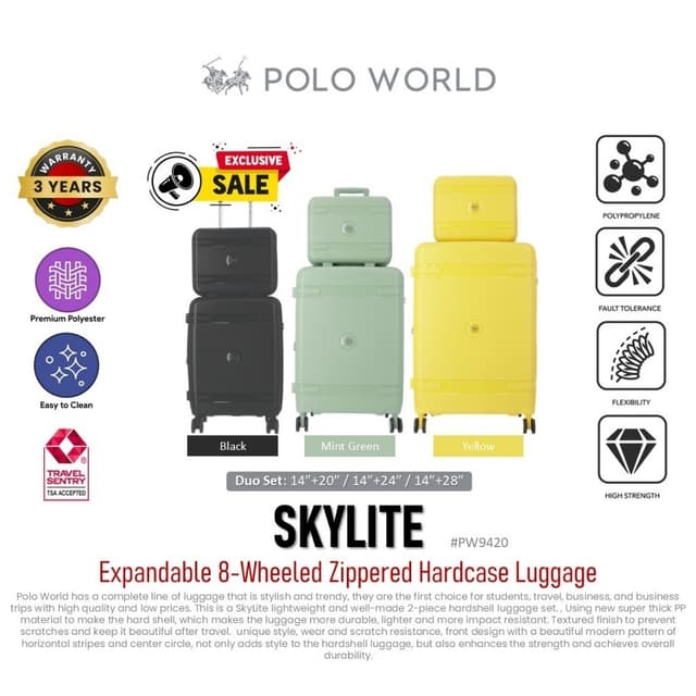 POLO WORLD รุ่น PW9420 SkyLite กระเป๋าเดินทาง Hardcase 8 ล้อ ขยายได้ วัสดุ PP แข็งแรงทนทาน น้ำหนักเบา ดีไซน์ทันสมัย