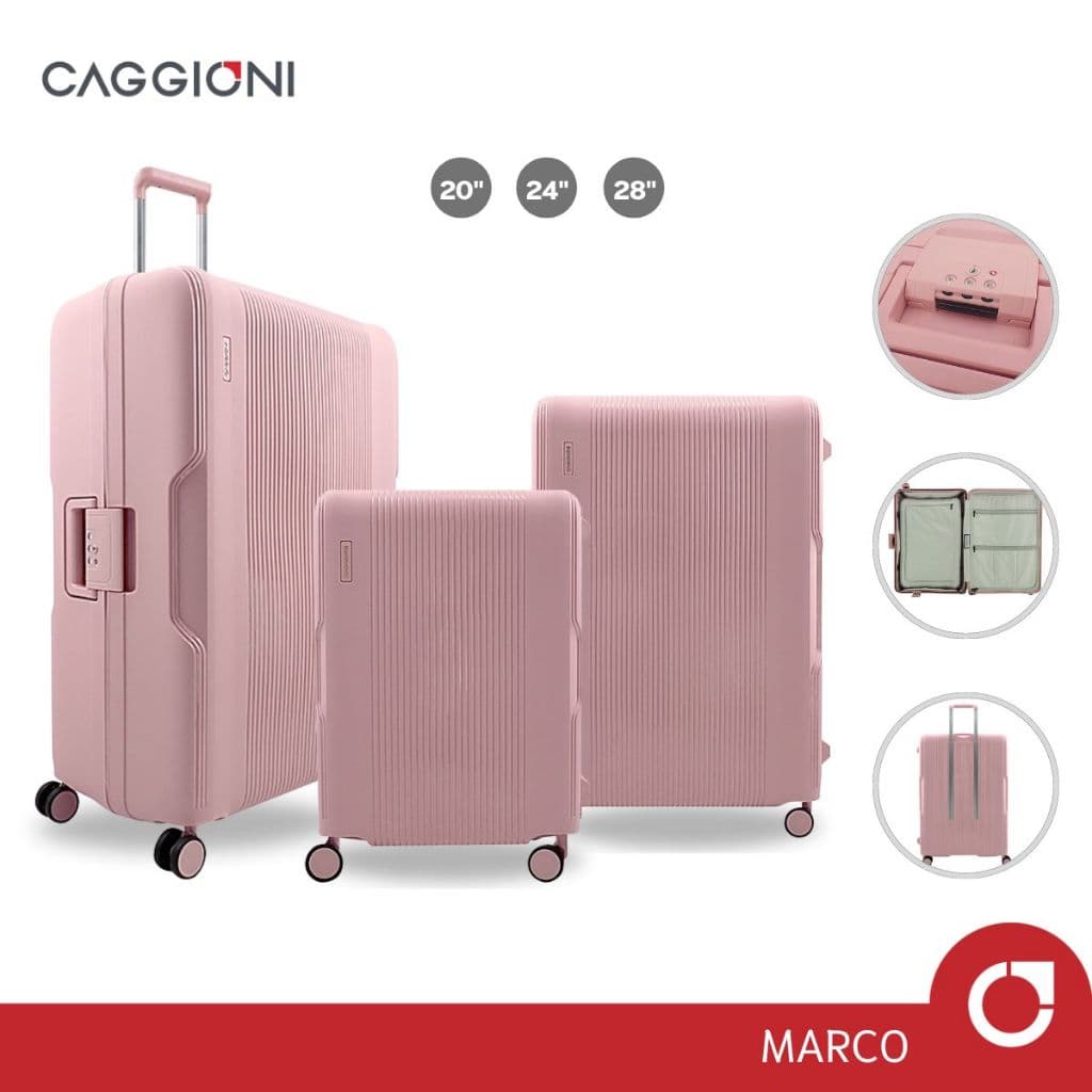 CAGGIONI รุ่น C22011 กระเป๋าเดินทางแบบโครง สีชมพู ดีไซน์ทรงเหลี่ยม บรรจุสัมภาระง่าย เพิ่มความจุ แข็งแรงทนทานด้วยวัสดุ โพลีพร็อพไพลีน (PP) https://lnwchill.com