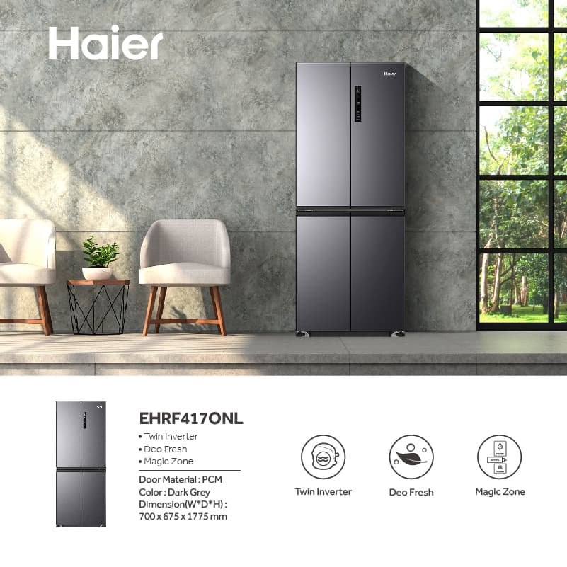 Haier EHRF417ONL ตู้เย็นมัลติดอร์ 14.5 คิว อินเวอร์เตอร์ สีเงิน Stellar Silver ระบบทำความเย็น 360 องศา และช่องแช่ปรับอุณหภูมิ Magic Zone https://lnwchill.com