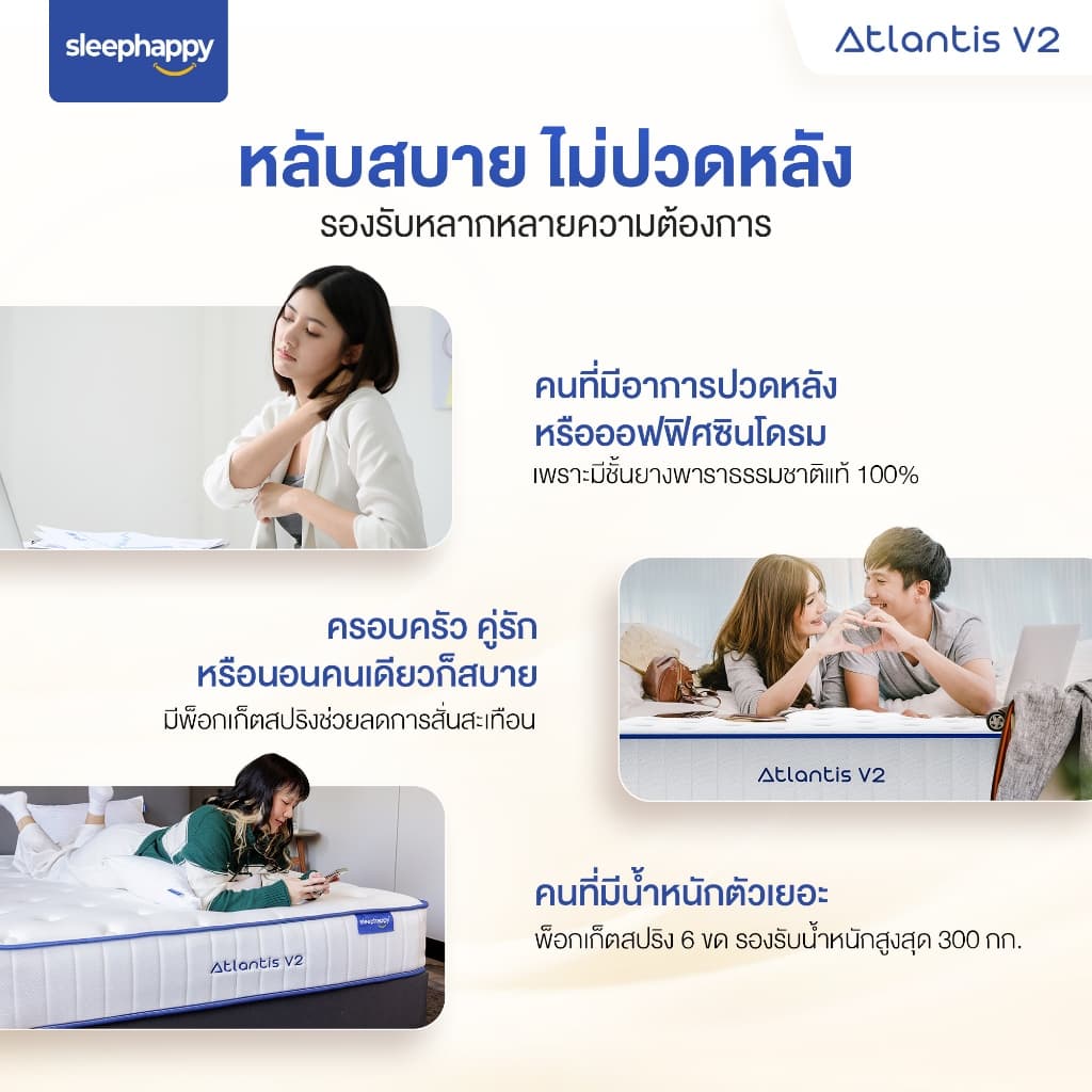 SleepHappy รุ่น Atlantis V2 ที่นอนยางพาราและพ็อกเก็ตสปริง 5 ฟุต ผสานชาโคลโฟม นุ่มเด้ง ลดปวดหลัง https://lnwchill.com