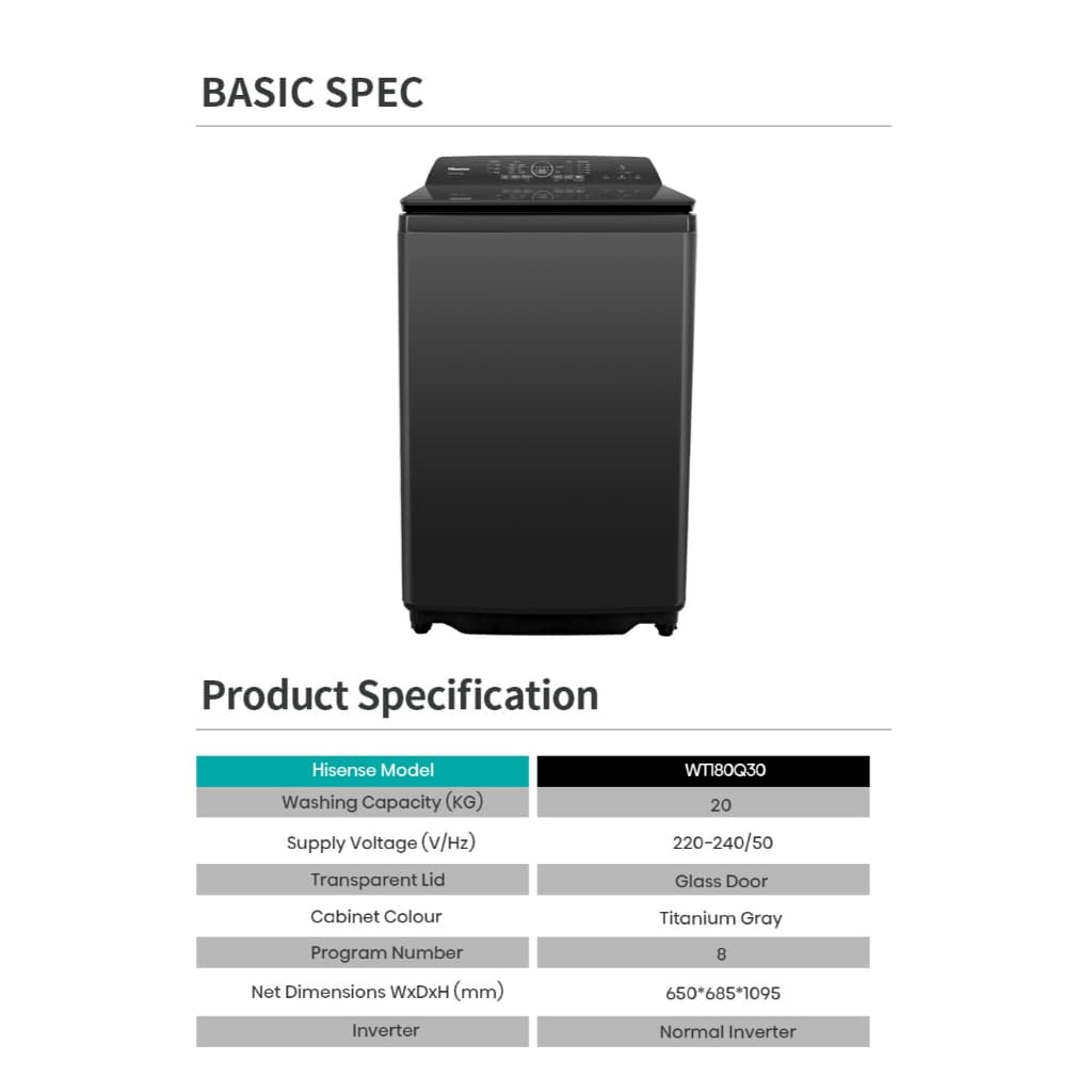HISENSE รุ่น WT180Q30 เครื่องซักผ้าฝาบน 18 กก. สีดำ ระบบ AI Wash เทคโนโลยี Activate Water ขจัดคราบและแบคทีเรียทรงพลัง ถังซักขนาดใหญ่พิเศษสำหรับครอบครัว https://lnwchill.com