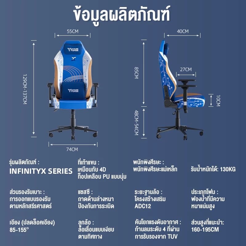 GAMEFORGE เก้าอี้เกมมิ่ง Blue Gaming Chair รุ่น InfinityX Series เก้าอี้สีน้ำเงิน เก้าอี้สีฟ้า นุ่มสบาย ตามหลักสรีระศาสตร์ รับประกัน5ปี https://lnwchill.com