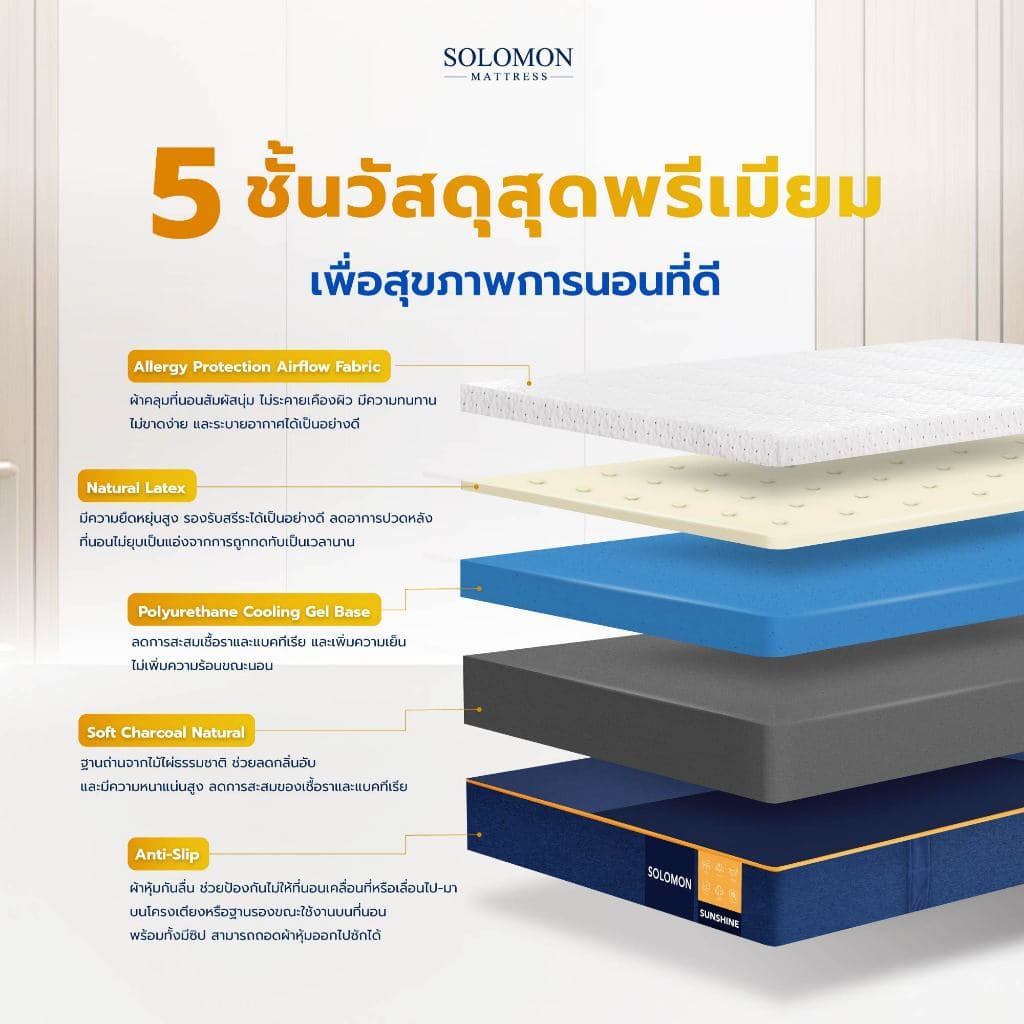 Solomon mattress รุ่น Sunshine ที่นอนยางพาราธรรมชาติ 5 ฟุต 6 นิ้ว สัมผัสนุ่มแน่น ลดแรงกดทับ แก้ปัญหาอาการปวดหลัง Solomon Sunshine, ที่นอนยางพารา Solomon, ที่นอน 5 ฟุต, ที่นอนแก้ปวดหลัง https://lnwchill.com
