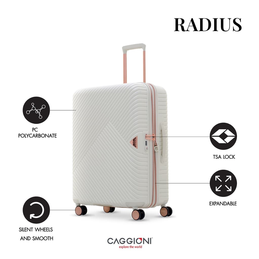 CAGGIONI รุ่น Radius C18123 กระเป๋าเดินทาง โพลีคาร์บอเนต สีโรสโกลด์ ซิปขยายได้ ล้อลาก 360 องศา โครงสร้างเบาพิเศษ ดีไซน์ทันสมัย https://lnwchill.com