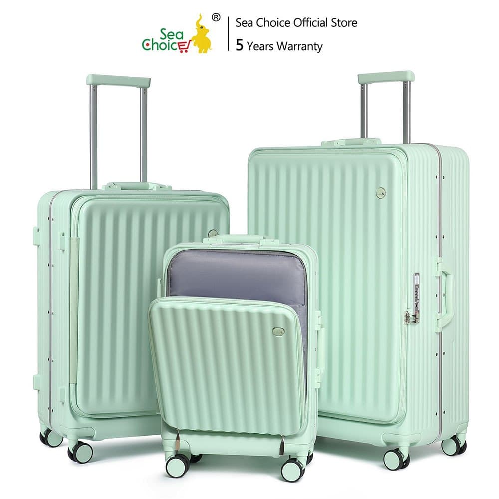 SiamChoice รุ่น SeaChoice กระเป๋าเดินทางเปิดหน้า 20/24/28 นิ้ว โครงอะลูมิเนียม วัสดุ PC พร้อมที่วางแก้ว พอร์ต USB และล็อก TSA https://lnwchill.com