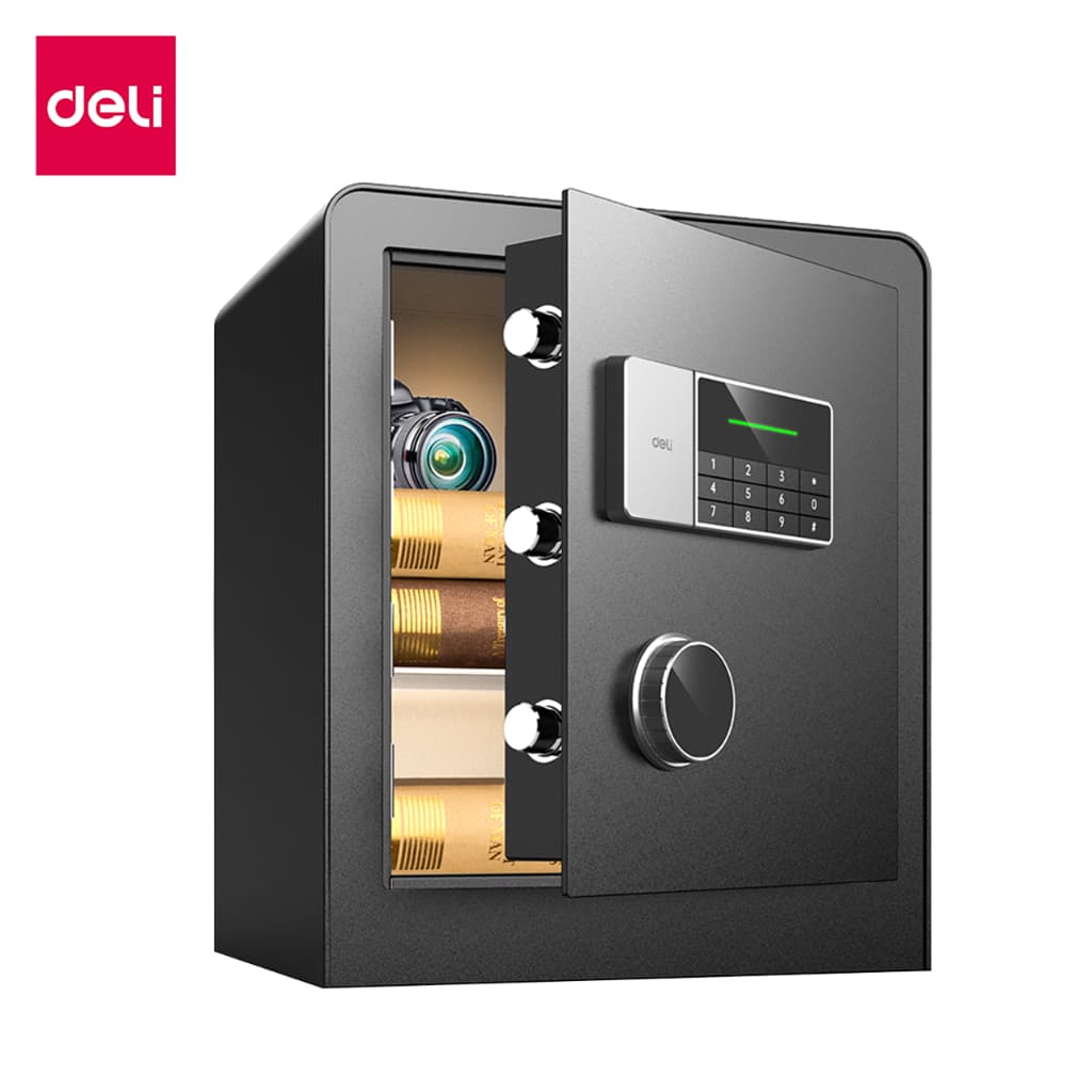Deli รุ่น ET550-ET552 ตู้เซฟนิรภัยระบบอิเล็กทรอนิกส์ สีดำ ผลิตจากเหล็กกล้าคาร์บอน แข็งแรงทนทานด้วยสลักเกลียวแบบทึบและแผงประตูหนา 3 มม. ปลอดภัยด้วยระบบล็อก 2 ชั้น (รหัสผ่านและ https://lnwchill.com