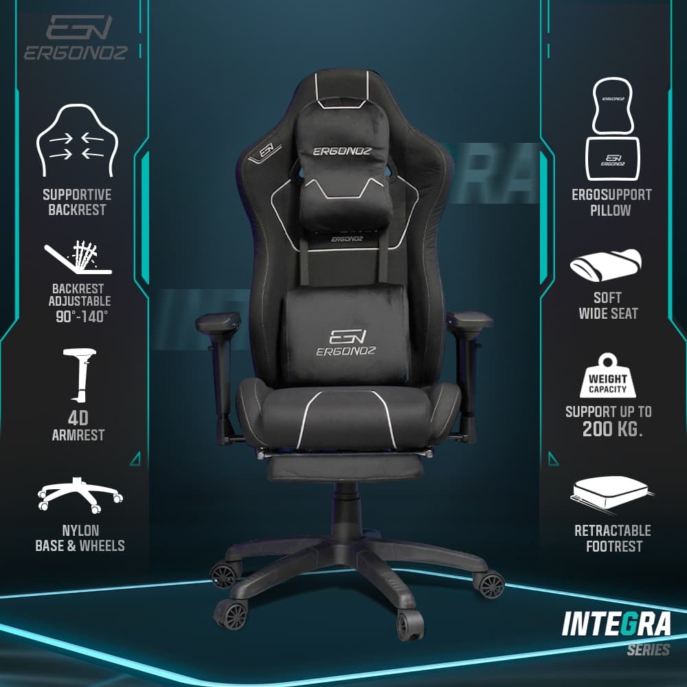 ERGONOZ รุ่น EGN-INTEGRA เก้าอี้เกมมิ่งพรีเมียม วัสดุผ้ากำมะหยี่และหนังไฮบริด รองรับน้ำหนัก 200 กก พร้อมระบบนวดและปรับอุณหภูมิอัจฉริยะเพื่อความสบายสูงสุดในการทำงานและเล่นเกม https://lnwchill.com