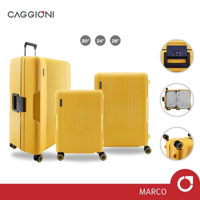CAGGIONI รุ่น C22011 กระเป๋าเดินทางแบบโครงโพลีพร็อพไพลีน ขนาด 20 นิ้ว สีเหลือง ดีไซน์ทรงเหลี่ยมเพื่อการจัดเก็บสัมภาระที่ง่ายและปลอดภัยด้วยตัวล็อก 3 ตำแหน่ง
