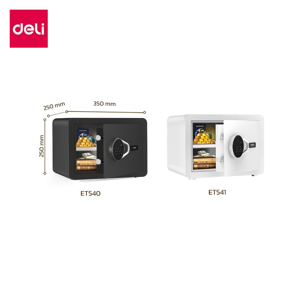 Deli รุ่น ET540 / ET541 ตู้เซฟนิรภัย ขนาด 25x35x25 ซม. โครงสร้างเหล็กคาร์บอนพร้อมสีป้องกันสนิม โดดเด่นด้วยระบบล็อค 2 รูปแบบทั้งรหัสผ่านและกุญแจ เพิ่มความปลอดภัยให้ทรัพย์สินของคุณ https://lnwchill.com