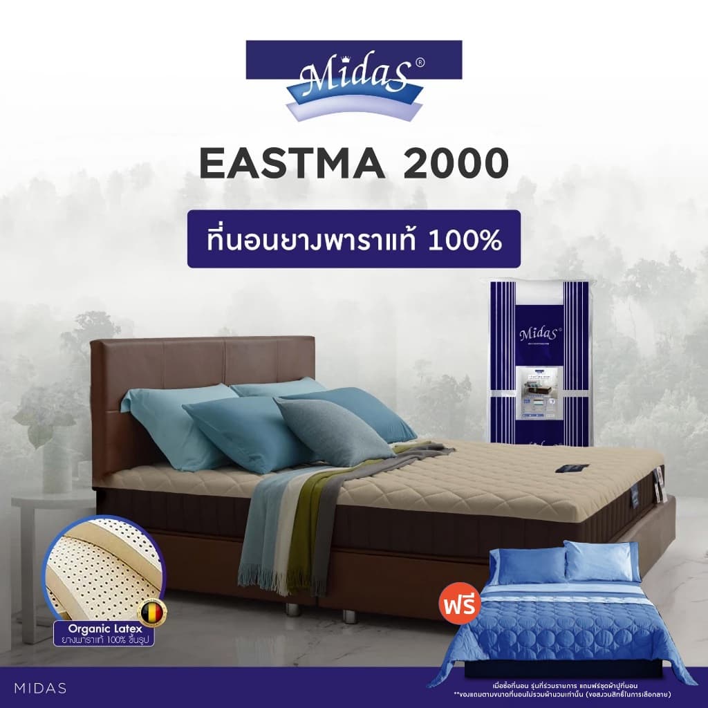 Midas รุ่น Eastma 2000 ที่นอนยางพาราธรรมชาติ 100% Organic Latex หนา 8 นิ้ว โดดเด่นด้วยเทคโนโลยี Opened Cell เพื่อการระบายอากาศที่เหนือกว่า https://lnwchill.com