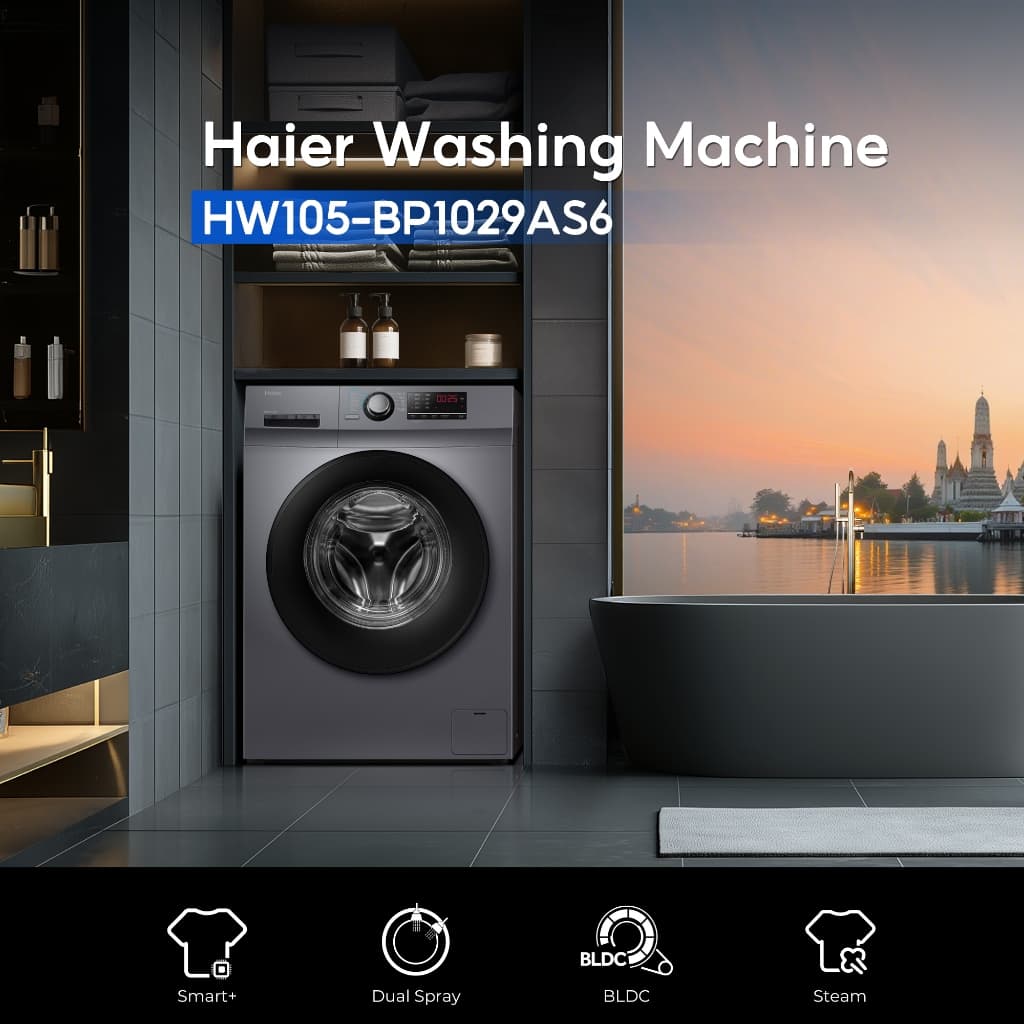 Haier รุ่น HW105-BP1029AS6 เครื่องซักผ้าฝาหน้าอินเวอร์เตอร์ 10.5 kg สี Starry Silver ซักสะอาดถนอมผ้ากำจัดแบคทีเรียด้วยพลังไอน้ำ https://lnwchill.com