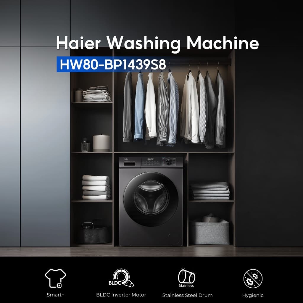 Haier รุ่น HW80-BP1439S8 เครื่องซักผ้าฝาหน้าอัตโนมัติ อินเวอร์เตอร์ ความจุ 8 kg ถังซักดีไซน์ถนอมผ้าประหยัดพลังงานมาตรฐาน มอก https://lnwchill.com