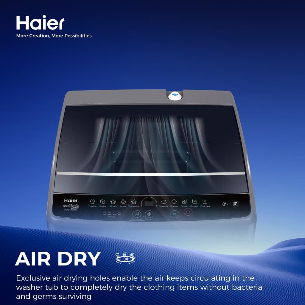 Haier รุ่น HWM80-1269S2 ความจุ 8 kg สีเทา เครื่องซักผ้าฝาบนอัตโนมัติระบบ One Touch Wash ซักสะอาดถนอมผ้าด้วยถังซักรูปทรงหมอนและจานปั่นป้องกันแบคทีเรียเพื่อสุขอนามัยที่ดี https://lnwchill.com