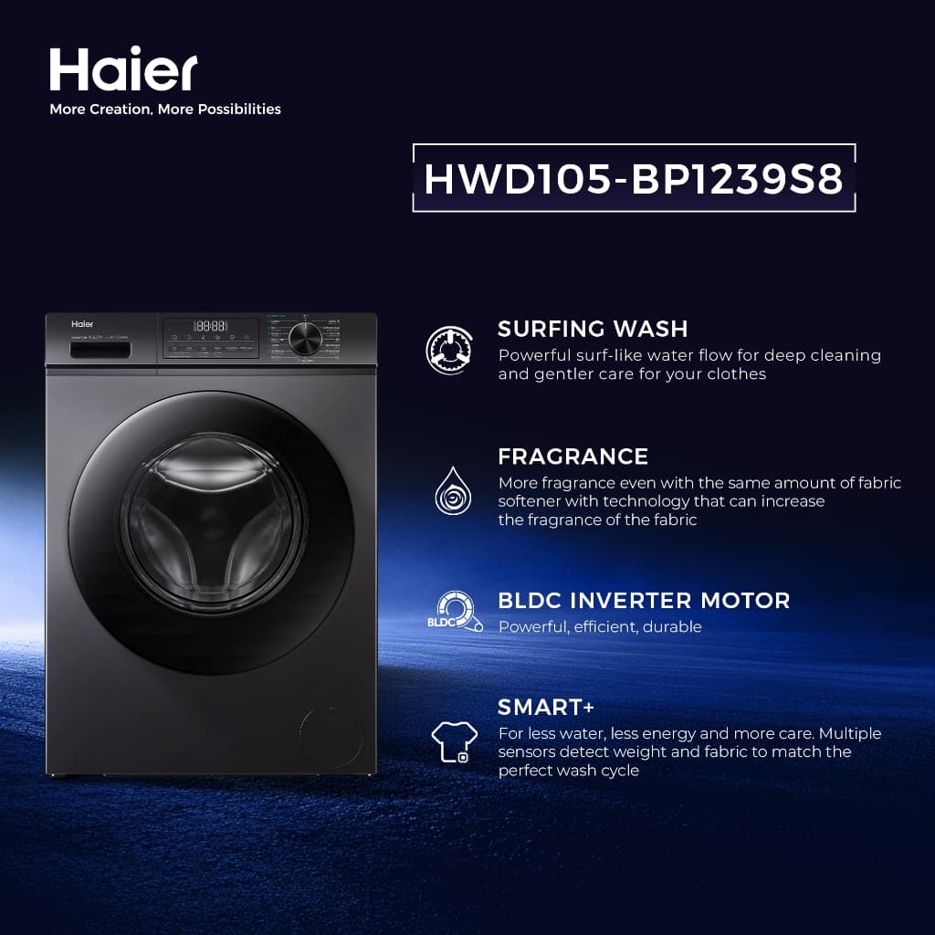 Haier รุ่น HWD105-BP1239S8 เครื่องซักผ้าและอบผ้าฝาหน้า ความจุซัก 10.5 กิโลกรัม อบ 7 กิโลกรัม สี Dark Jade Silver เทคโนโลยีประหยัดพลังงานเพื่อผ้าสะอาดไร้เชื้อโรค https://lnwchill.com