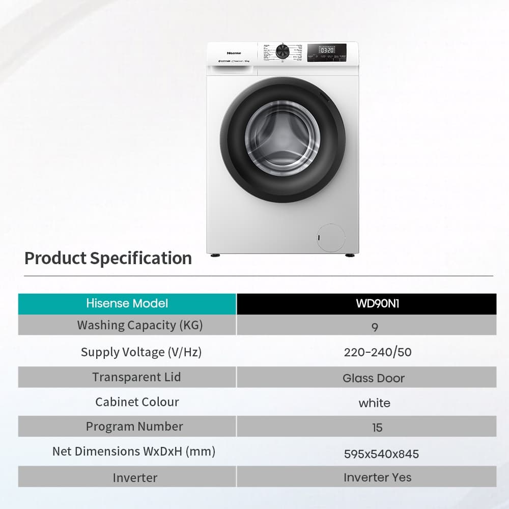 Hisense Wash & Dry รุ่น WD90N1 เครื่องซักอบผ้าฝาหน้า Inverter ซัก 9 Kg อบ 6 Kg เทคโนโลยีประหยัดพลังงาน ดีไซน์ทันสมัย ตอบโจทย์ชีวิตคอนโดและครอบครัวยุคใหม่ https://lnwchill.com