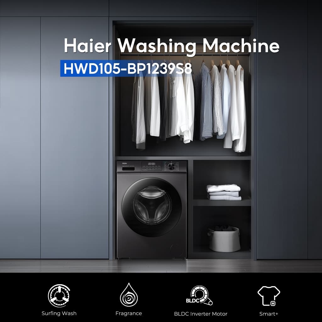 Haier รุ่น HWD105-BP1239S8 เครื่องซักผ้าและอบผ้าฝาหน้า ความจุซัก 10.5 กิโลกรัม อบ 7 กิโลกรัม สี Dark Jade Silver เทคโนโลยีประหยัดพลังงานเพื่อผ้าสะอาดไร้เชื้อโรค https://lnwchill.com