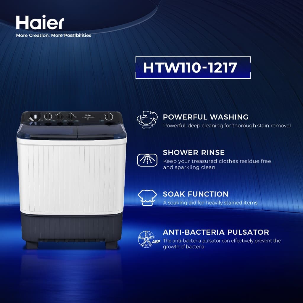 Haier รุ่น HTW110-1217 เครื่องซักผ้า 2 ถัง กึ่งอัตโนมัติ ความจุ 11 kg ซักสะอาดด้วยระบบม่านน้ำตกและโปรแกรมแช่ผ้าเพื่อประสิทธิภาพสูงสุด https://lnwchill.com
