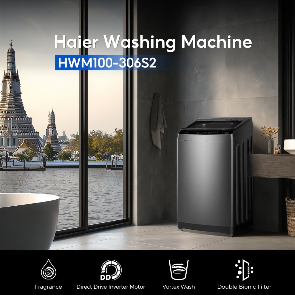 Haier รุ่น HWM100-306S2 ความจุ 10 kg สีเทา จานซักป้องกันแบคทีเรีย ถังซัก Pillow Drum ถนอมผ้า ฝาปิดกันกระแทก ซักสะอาดประหยัดพลังงาน https://lnwchill.com
