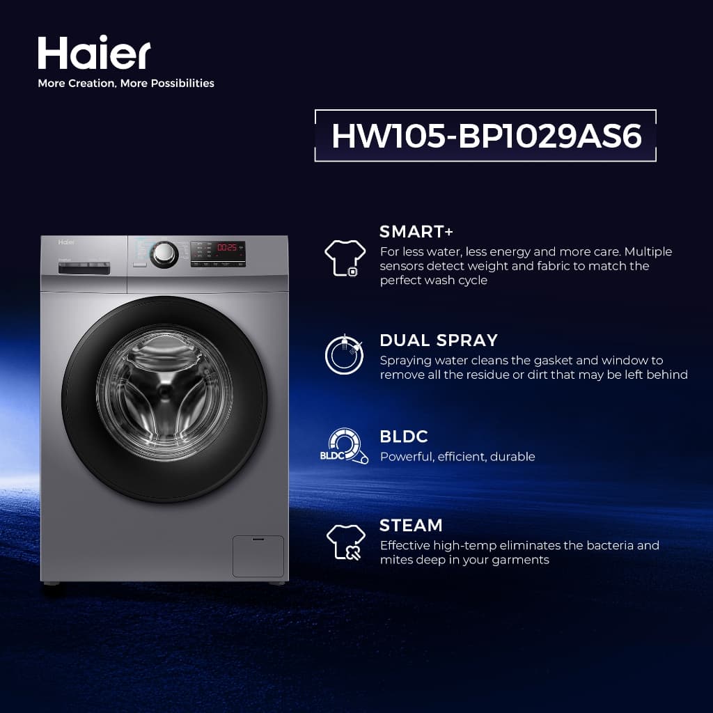 Haier รุ่น HW105-BP1029AS6 เครื่องซักผ้าฝาหน้าอินเวอร์เตอร์ 10.5 kg สี Starry Silver ซักสะอาดถนอมผ้ากำจัดแบคทีเรียด้วยพลังไอน้ำ https://lnwchill.com