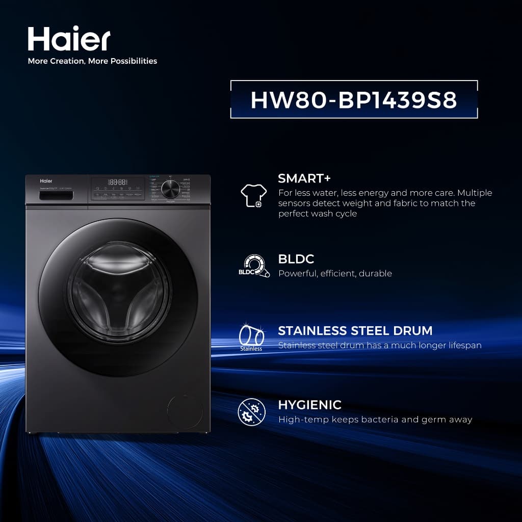 Haier รุ่น HW80-BP1439S8 เครื่องซักผ้าฝาหน้าอัตโนมัติ อินเวอร์เตอร์ ความจุ 8 kg ถังซักดีไซน์ถนอมผ้าประหยัดพลังงานมาตรฐาน มอก https://lnwchill.com