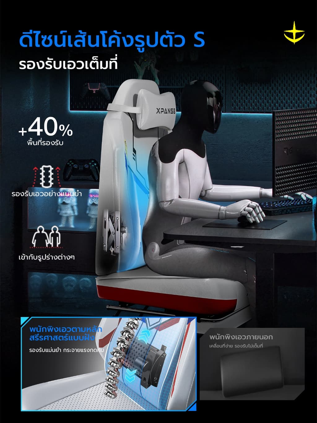 Xpanse รุ่น X-Gundam เก้าอี้เกมมิ่งโทนสีกันดั้ม ออกแบบตามหลักการยศาสตร์พร้อมหมอนรองหลังแบบฝังในตัวเพื่อสุขภาพและการนั่งที่ยาวนาน https://lnwchill.com