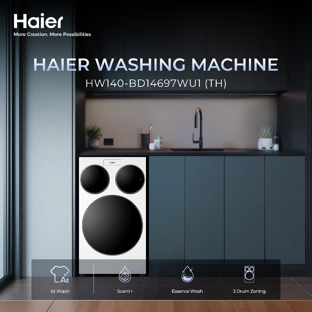 Haier รุ่น HW140-BD14697WU1 เครื่องซักผ้าฝาหน้า 3 ถัง แยกซักอิสระ 14 กิโลกรัม สีขาว ระบบ AI และซักด่วน ประหยัดเวลาเพื่อสุขอนามัยที่ดีของทุกคนในครอบครัว https://lnwchill.com
