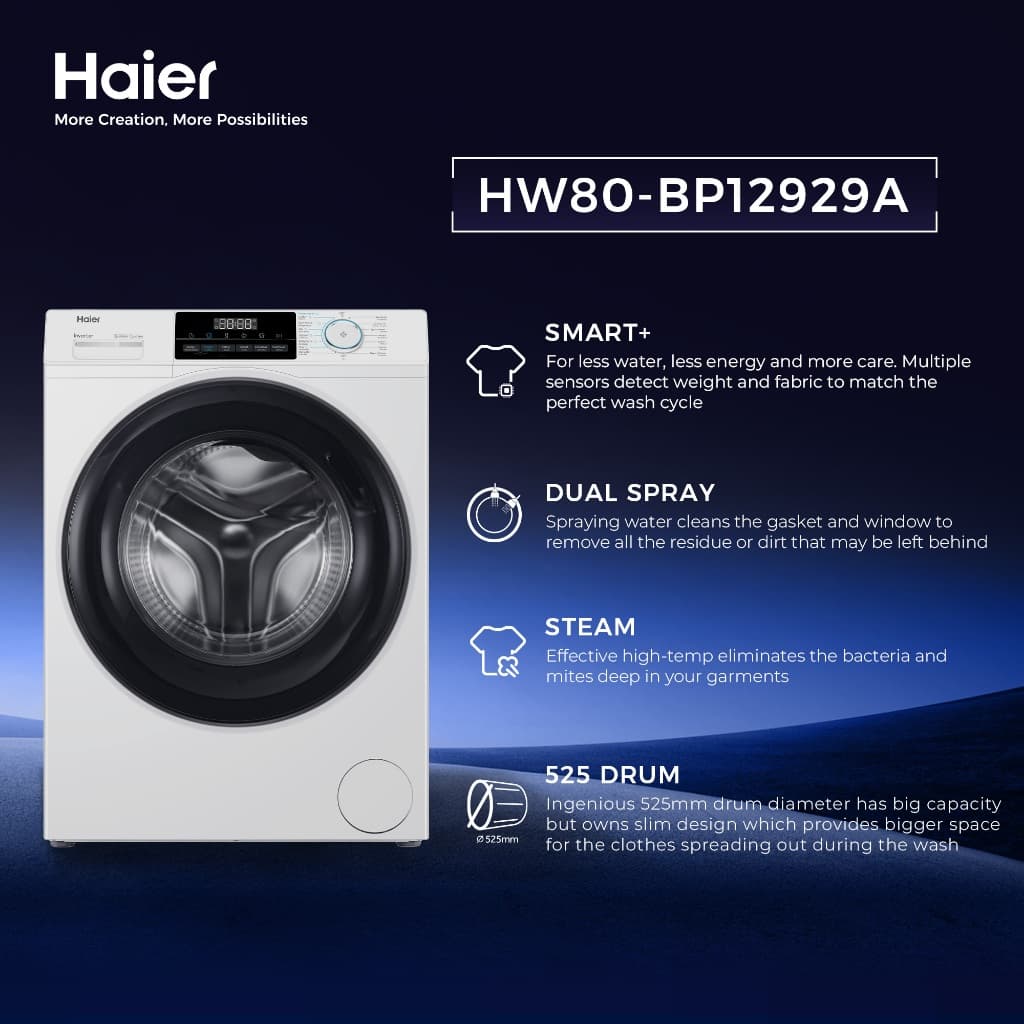 Haier รุ่น HW80-BP12929A เครื่องซักผ้าฝาหน้าอัตโนมัติ อินเวอร์เตอร์ ความจุ 8 kg ถังซักขนาดใหญ่พิเศษซักสะอาดลึกยับยั้งแบคทีเรียเพื่อสุขอนามัยที่ดีของทุกคนในครอบครัว https://lnwchill.com