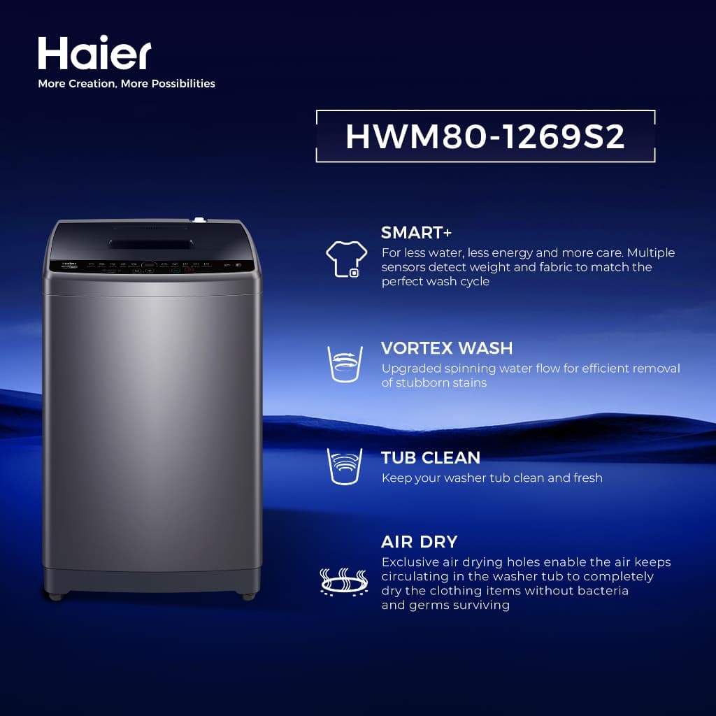 Haier รุ่น HWM80-1269S2 ความจุ 8 kg สีเทา เครื่องซักผ้าฝาบนอัตโนมัติระบบ One Touch Wash ซักสะอาดถนอมผ้าด้วยถังซักรูปทรงหมอนและจานปั่นป้องกันแบคทีเรียเพื่อสุขอนามัยที่ดี https://lnwchill.com