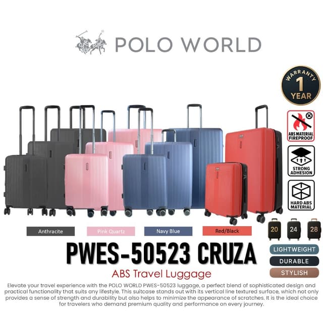POLO WORLD รุ่น PWES-50523 CRUZA กระเป๋าเดินทาง ABS ดีไซน์สวยทนทาน ล้อลาก 360 องศา พร้อมระบบ TSA Lock