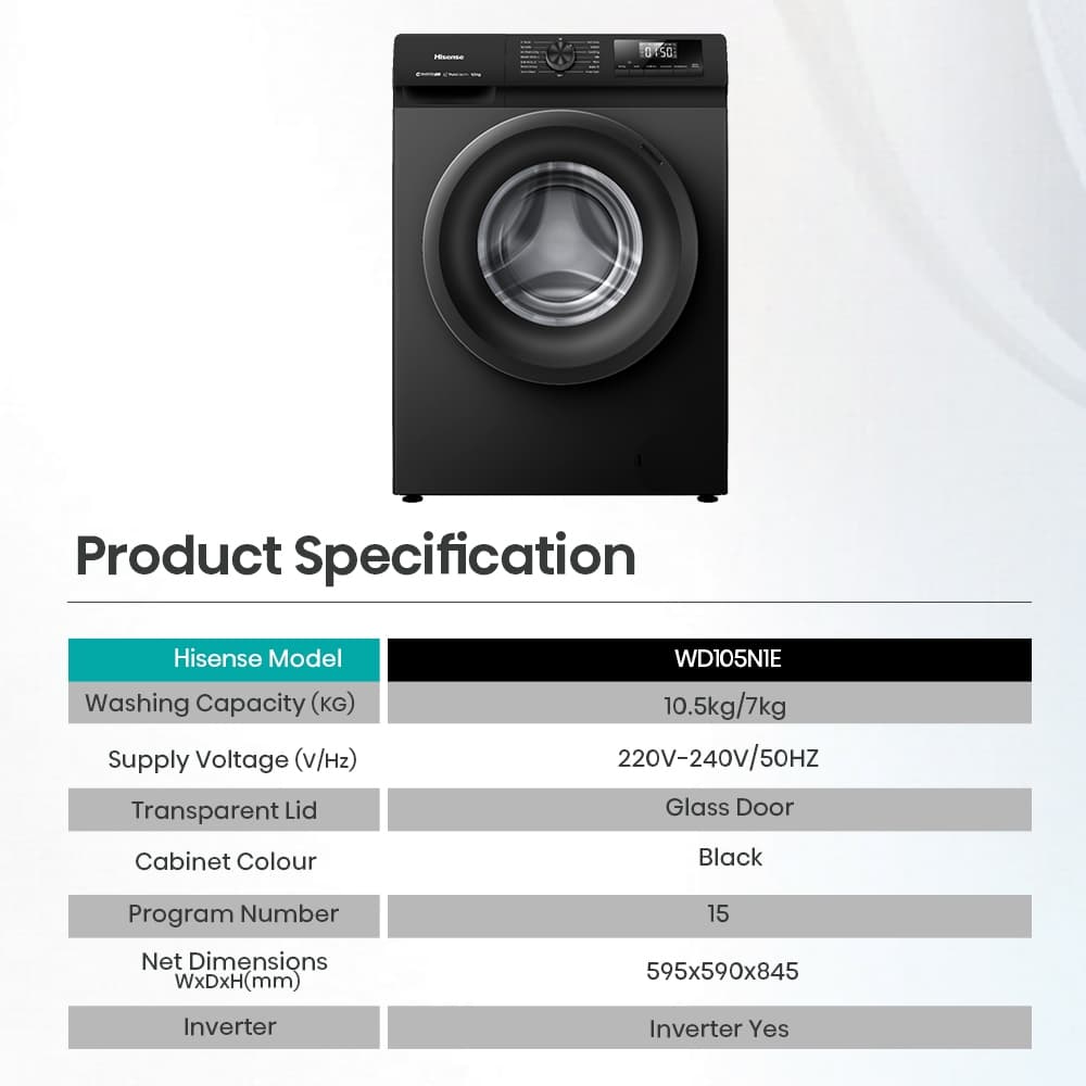 Hisense เครื่องซักอบผ้าฝาหน้า รุ่น WD105N1E ความจุซัก 10.5 kg อบ 7 kg ระบบ Inverter เทคโนโลยีถนอมผ้าอัจฉริยะ ซักสะอาดและอบแห้งไวในเครื่องเดียวช่วยประหยัดพื้นที่และเวลา https://lnwchill.com