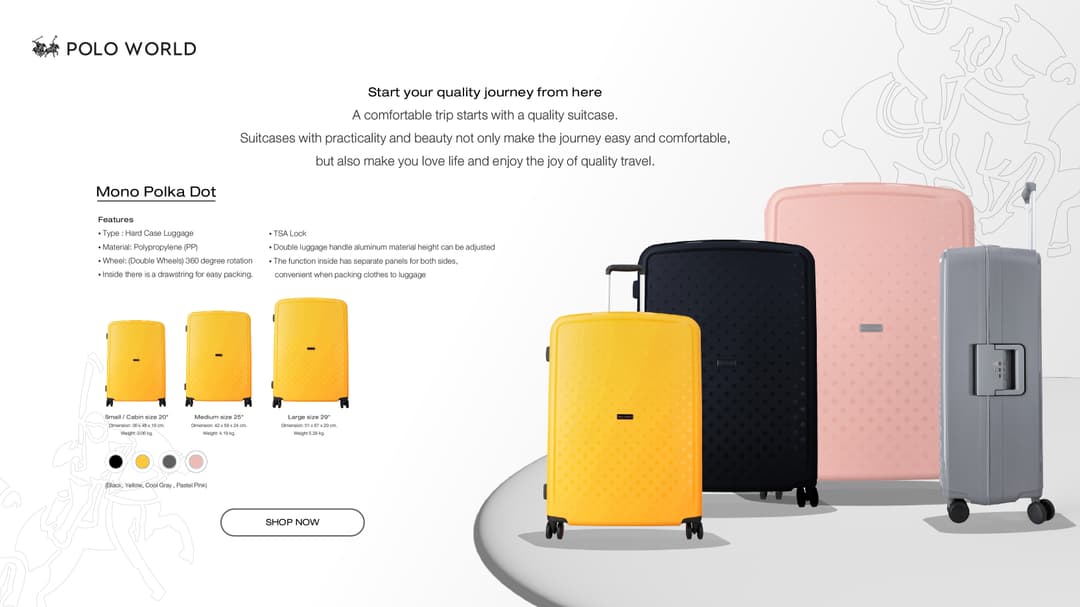 POLO WORLD รุ่น PW417 กระเป๋าเดินทาง Hardcase ลาย Polka Dot วัสดุ Polypropylene แข็งแรงทนทาน ล้อลากคู่ 360 องศา พร้อมระบบ TSA Lock https://lnwchill.com