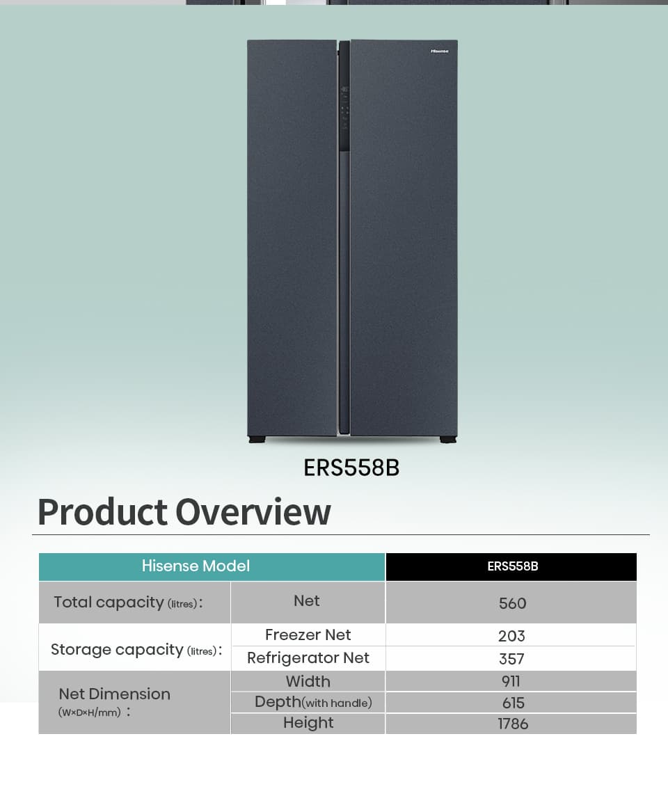 Hisense ERS558B ตู้เย็น 2 ประตู Side By Side 19.8Q 560 ลิตร ระบบ Multi Air Flow ดีไซน์หรูหรา จุใจสำหรับครอบครัวใหญ่ https://lnwchill.com