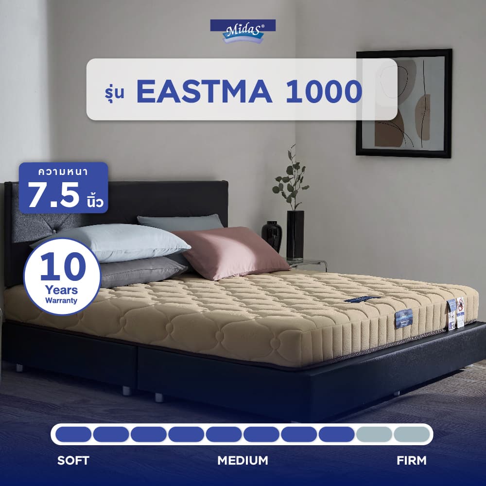 Midas รุ่น Eastma 1000 ที่นอนยางพาราธรรมชาติ 100% Organic Latex แบบ Opened Cell ความหนา 7.5 นิ้ว ให้สัมผัสแน่นสบาย รองรับสรีระและระบายอากาศได้ดีเยี่ยม https://lnwchill.com