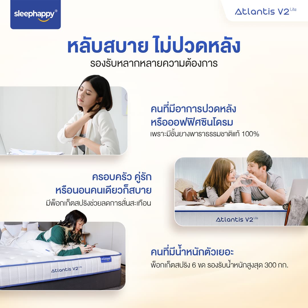SleepHappy รุ่น Atlantis V2 Lite ที่นอนยางพาราพ็อกเก็ตสปริง หนา 7 นิ้ว สัมผัสแน่นนุ่ม รองรับสรีระ ลดปวดหลัง https://lnwchill.com