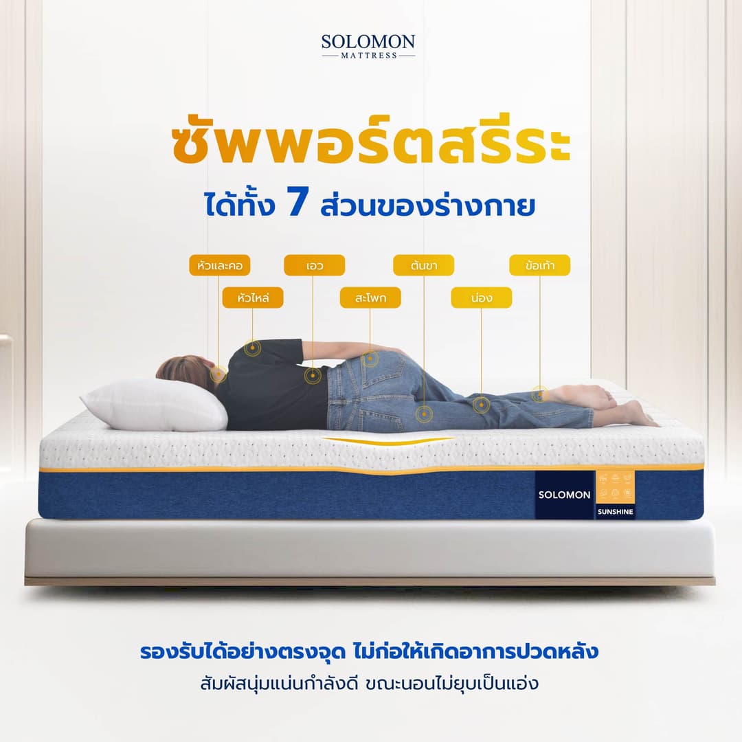 Solomon mattress SOLOMON รุ่น Sunshine ที่นอนยางพารา 3.5 ฟุต 8 นิ้ว ลดแรงกดทับ บอกลาอาการปวดหลัง สัมผัสนุ่มแน่น https://lnwchill.com