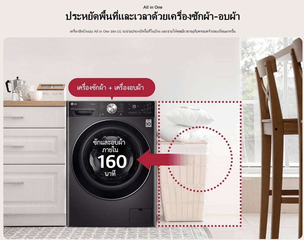 LG รุ่น FV1410H4W เครื่องซักผ้า 10 กก. อบ 7 กก. ระบบ AI DD ประหยัดพื้นที่ ซักสะอาดรวดเร็ว สั่งงานผ่านสมาร์ทโฟนด้วย Smart WI-FI control https://lnwchill.com
