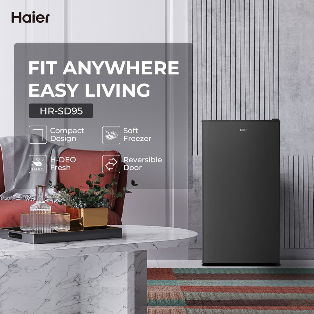 Haier รุ่น HR-SD95 ตู้เย็นมินิบาร์ 3.1 คิว 90 ลิตร สีดำ Reversible Door เย็นเงียบ ยับยั้งแบคทีเรียด้วย Activated Carbon ประหยัดพื้นที่ เหมาะสำหรับหอพักและคอนโด https://lnwchill.com