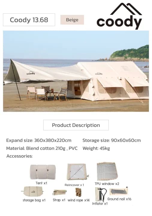 Coody เต็นท์ 13.68 รุ่น upgrade เต็นท์เสาลม "แถม rain cover " รับประกัน 5 ปี สินค้าพร้อมจัดส่ง https://lnwchill.com
