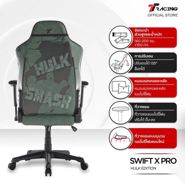 TTRacing Swift X Pro Hulk Edition Gaming Chair Seat เก้าอี้เกมมิ่งเพื่อสุขภาพ Ergonomic E-Sport นุ่มสบาย ตามหลักสรีระศาสตร์ เก้าอี้เบาะ นุ่ม เกรดพรีเมี่ยม https://lnwchill.com