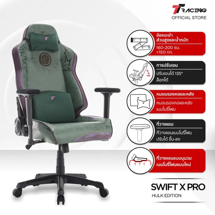 TTRacing Swift X Pro Hulk Edition Gaming Chair Seat เก้าอี้เกมมิ่งเพื่อสุขภาพ Ergonomic E-Sport นุ่มสบาย ตามหลักสรีระศาสตร์ เก้าอี้เบาะ นุ่ม เกรดพรีเมี่ยม https://lnwchill.com