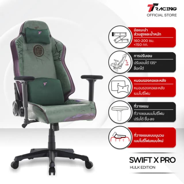 TTRacing Swift X Pro Hulk Edition Gaming Chair Seat เก้าอี้เกมมิ่งเพื่อสุขภาพ Ergonomic E-Sport นุ่มสบาย ตามหลักสรีระศาสตร์ เก้าอี้เบาะ นุ่ม เกรดพรีเมี่ยม